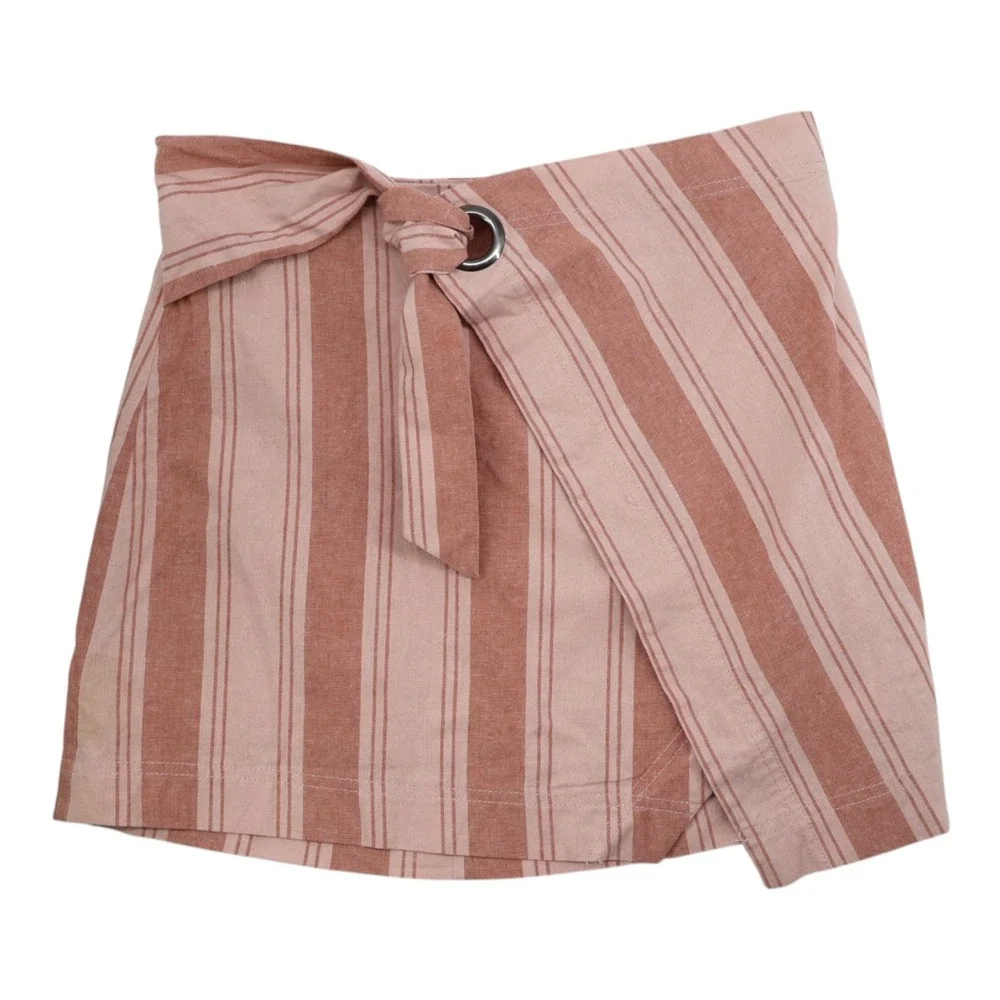 Free People Pink Stripe Linen Blend Wrap Mini Skirt Size 2 Boho Summer Tie